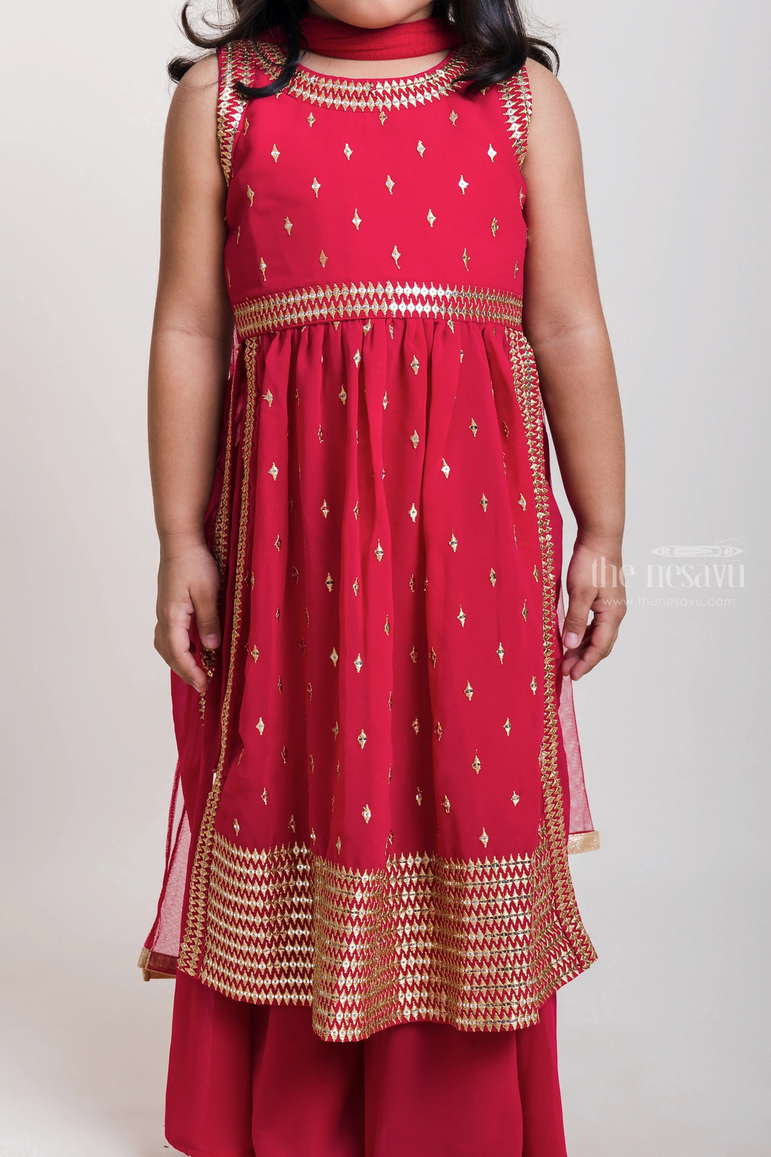 The Nesavu Girls Sharara / Plazo Set Designer Red Kurti Suit With Palazzo Pants For Little Girls Nesavu Dynamic Red Kurti And Palazzo Pants For Girls| Best Collection| The Nesavu
