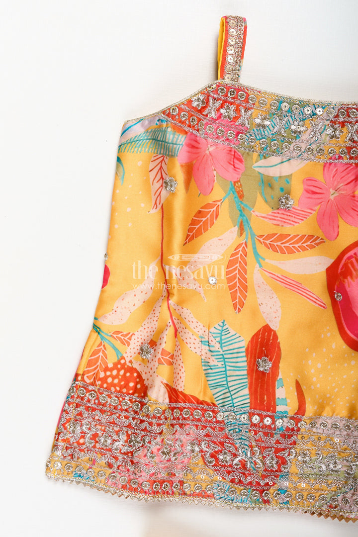 The Nesavu Girls Sharara / Plazo Set Designer Sharara Suit For Girls Traditional Occasion Set Nesavu Nesavu Girls Yellow Designer Sharara Suit Floral Print Top Ruffle Bottom Chinon Fabric