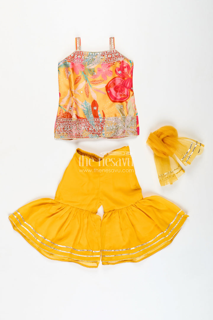 The Nesavu Girls Sharara / Plazo Set Designer Sharara Suit for Girls Traditional Occasion Set Nesavu Nesavu Girls Yellow Designer Sharara Suit Floral Print Top Ruffle Bottom Chinon Fabric