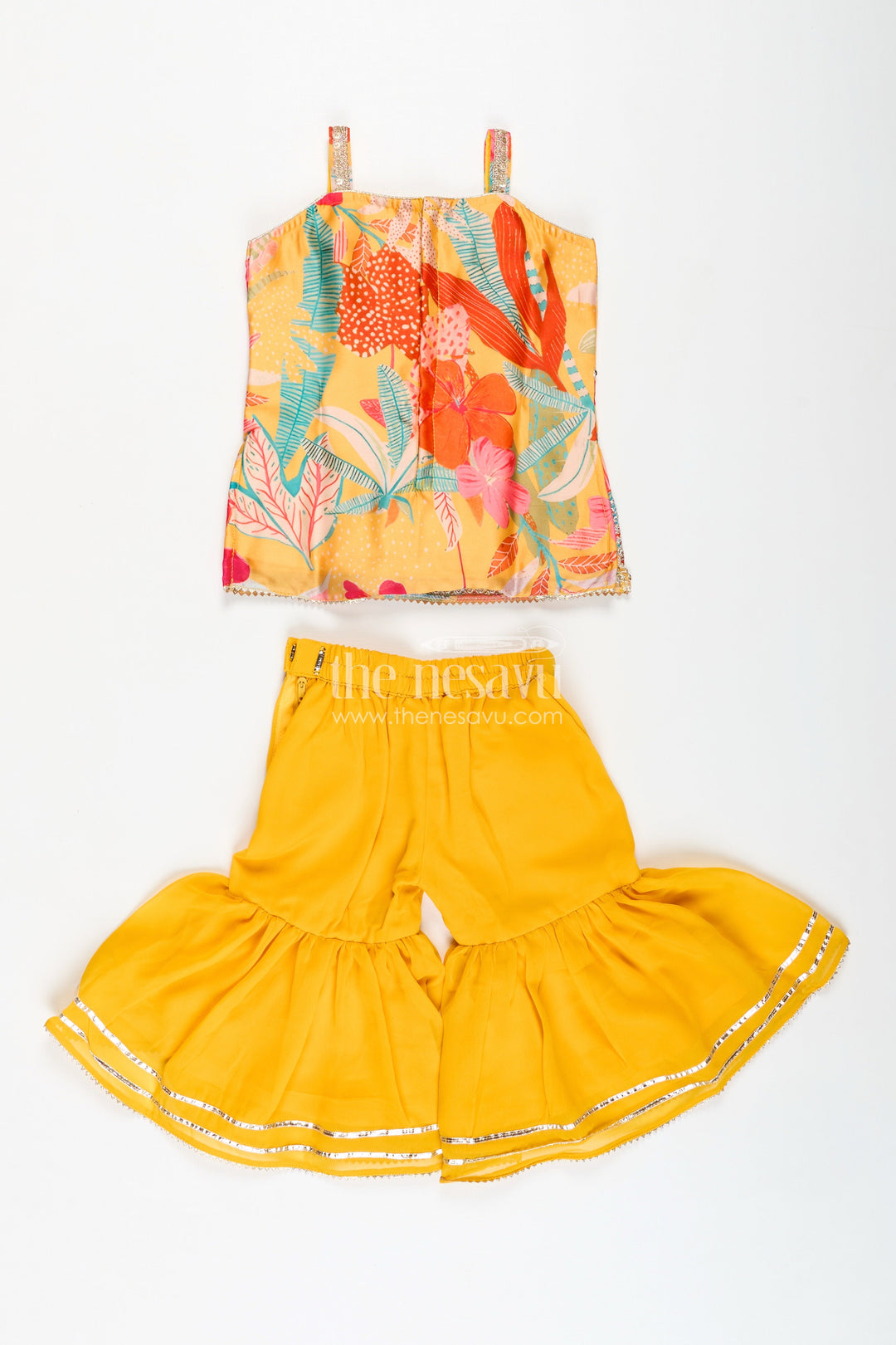 The Nesavu Girls Sharara / Plazo Set Designer Sharara Suit for Girls Traditional Occasion Set Nesavu Nesavu Girls Yellow Designer Sharara Suit Floral Print Top Ruffle Bottom Chinon Fabric