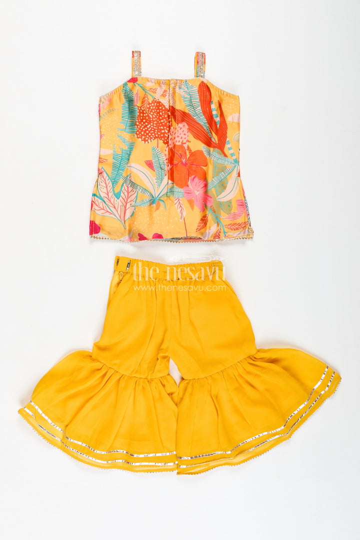 The Nesavu Girls Sharara / Plazo Set Designer Sharara Suit for Girls Traditional Occasion Set Nesavu Nesavu Girls Yellow Designer Sharara Suit Floral Print Top Ruffle Bottom Chinon Fabric