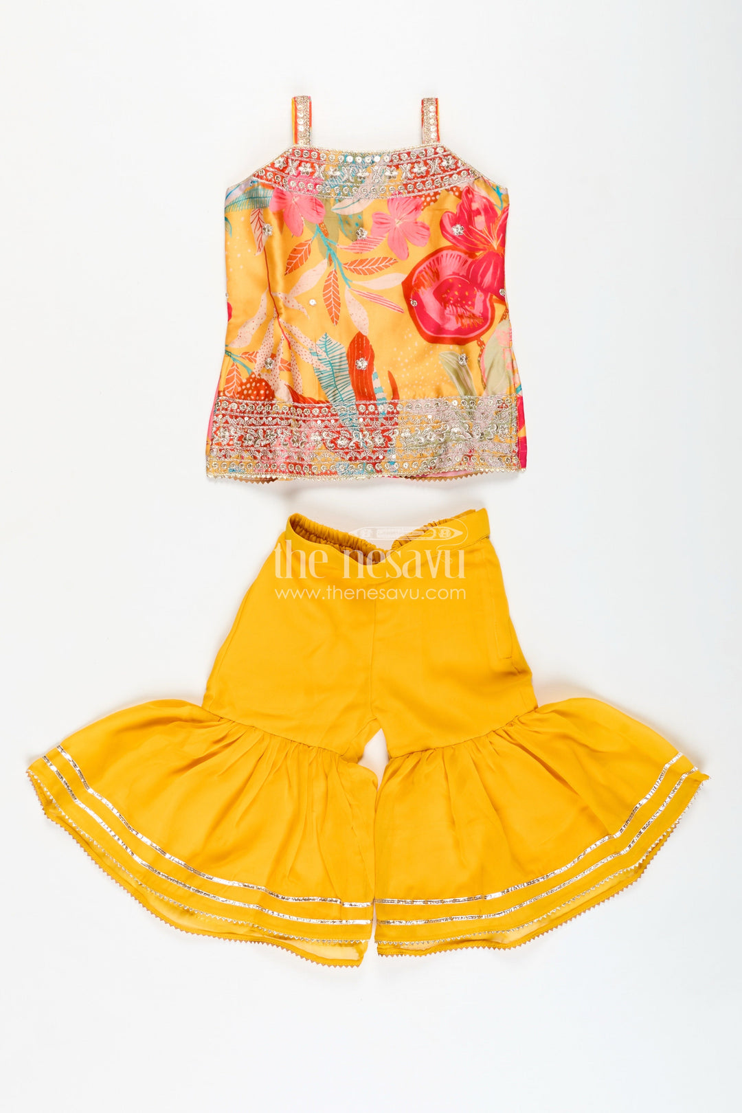 The Nesavu Girls Sharara / Plazo Set Designer Sharara Suit for Girls Traditional Occasion Set Nesavu Nesavu Girls Yellow Designer Sharara Suit Floral Print Top Ruffle Bottom Chinon Fabric