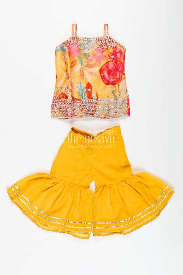 The Nesavu Girls Sharara / Plazo Set Designer Sharara Suit for Girls Traditional Occasion Set Nesavu Nesavu Girls Yellow Designer Sharara Suit Floral Print Top Ruffle Bottom Chinon Fabric