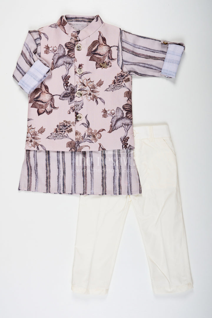 The Nesavu Boys Jacket Sets Designer Shirt Set for Boys with Cream Shirt and Green Floral Digital Print Jacket in Cotton Blend and Olive Bottoms Nesavu 16 (1Y) / Green BCS223B-16 Nesavu Designer Shirt Boys Jacket Set with Green Floral Print and Cotton Blend Fabric for Everyday Sophistication
