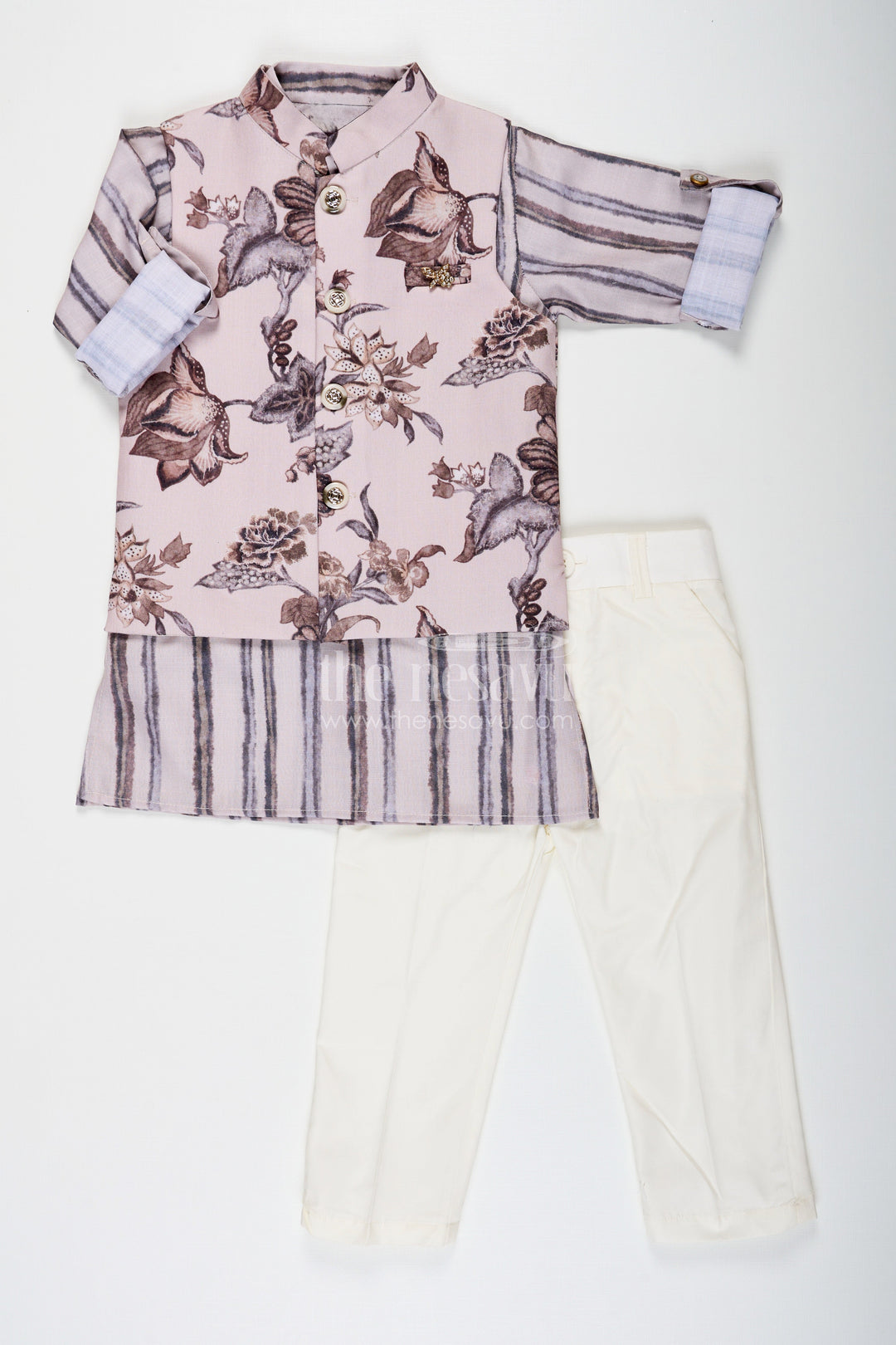 The Nesavu Boys Jacket Sets Designer Shirt Set for Boys with Cream Shirt and Green Floral Digital Print Jacket in Cotton Blend and Olive Bottoms Nesavu 16 (1Y) / Green BCS223B-16 Nesavu Designer Shirt Boys Jacket Set with Green Floral Print and Cotton Blend Fabric for Everyday Sophistication