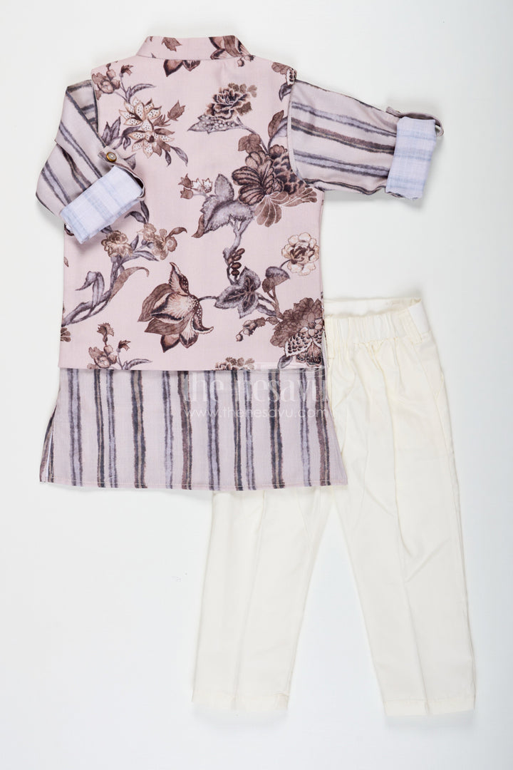 The Nesavu Boys Jacket Sets Designer Shirt Set for Boys with Cream Shirt and Green Floral Digital Print Jacket in Cotton Blend and Olive Bottoms Nesavu Nesavu Designer Shirt Boys Jacket Set with Green Floral Print and Cotton Blend Fabric for Everyday Sophistication