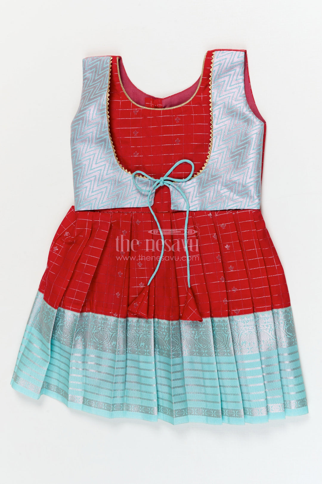 The Nesavu Girls Kanchi Silk Frock Designer Silk Frock for Toddler Girls Inspired by Kanchivaram Saree Patterns Nesavu 10 (NB) / Red / style 1 KSF011BA-10 Nesavu toddler girl designer silk frock with Kanchivaram inspired zari borders and chevron yoke