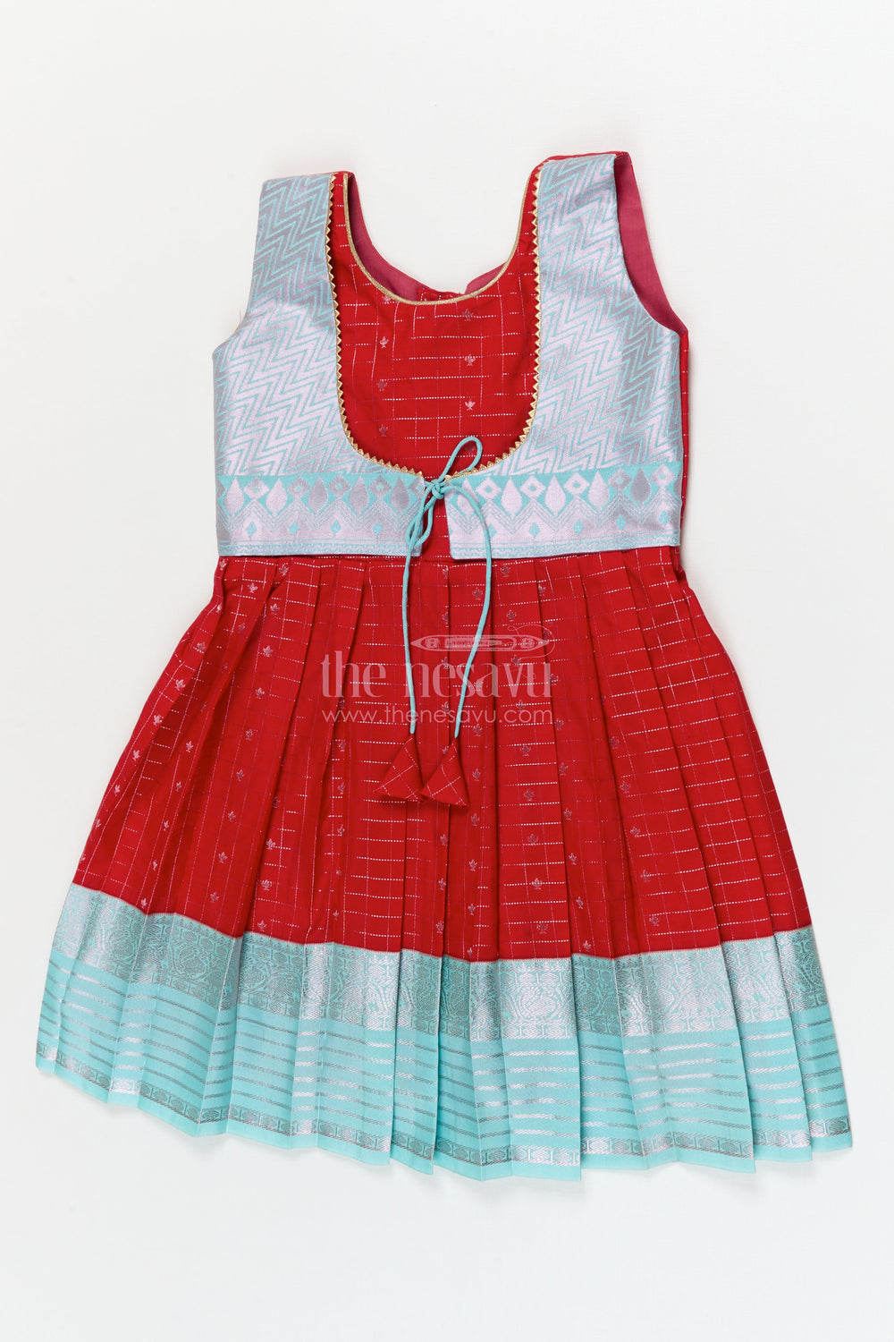 The Nesavu Girls Kanchi Silk Frock Designer Silk Frock for Toddler Girls Inspired by Kanchivaram Saree Patterns Nesavu 10 (NB) / Red / style 2 KSF011BB-10 Nesavu toddler girl designer silk frock with Kanchivaram inspired zari borders and chevron yoke