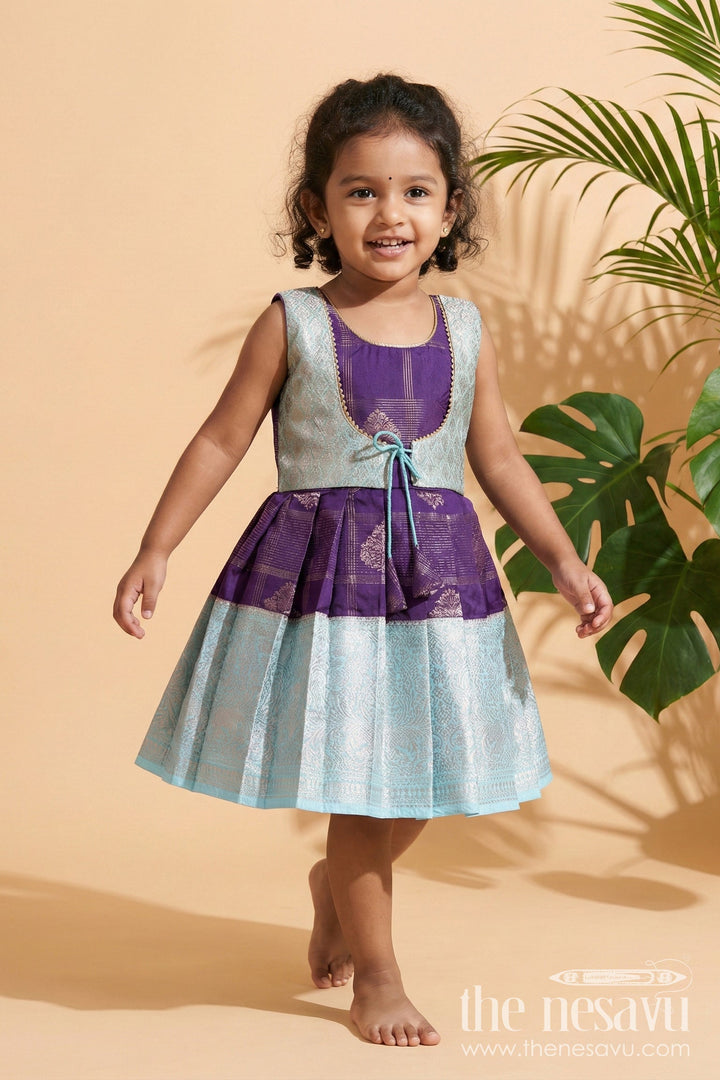 The Nesavu Girls Kanchi Silk Frock Designer Silk Frock for Toddler Girls with Kanchivaram Saree Inspired Zari Weaving Nesavu 10 (NB) / Blue / style 1 KSF038BA-10 Nesavu toddler girl designer silk frock with Kanchivaram saree inspired zari motifs and broad festive borders