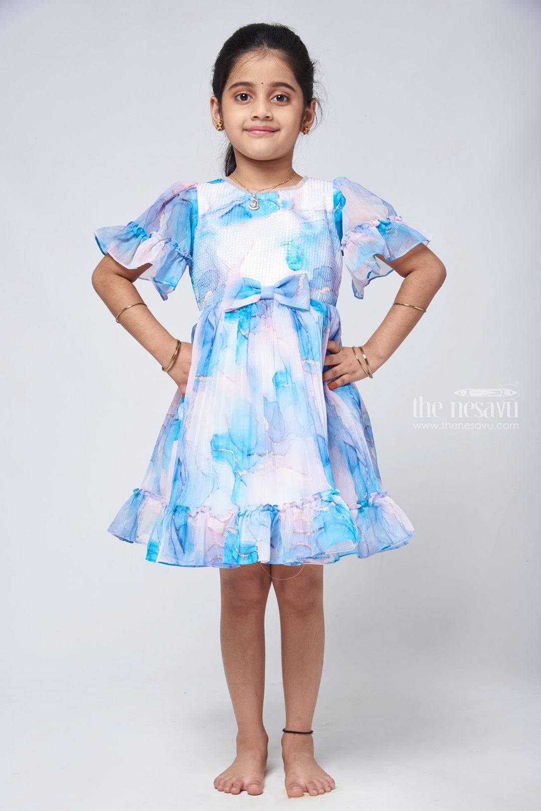 The Nesavu Girls Fancy Frock Designer Wear Chiffon Frock Embellished with Sequin Work for Kids Nesavu 16 (1Y) / Blue / Organza GFC1120B-16 Boutique Princess Dress - Ideal For Casual Outings & Special Moments | The Nesavu