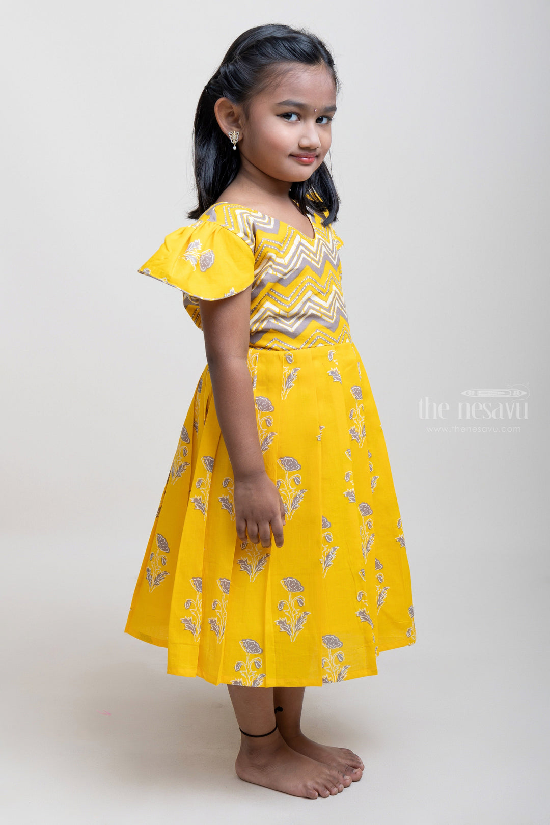 The Nesavu Girls Cotton Frock Designer Yellow Cotton Frock With Cap Sleeves For Girls psr silks Nesavu