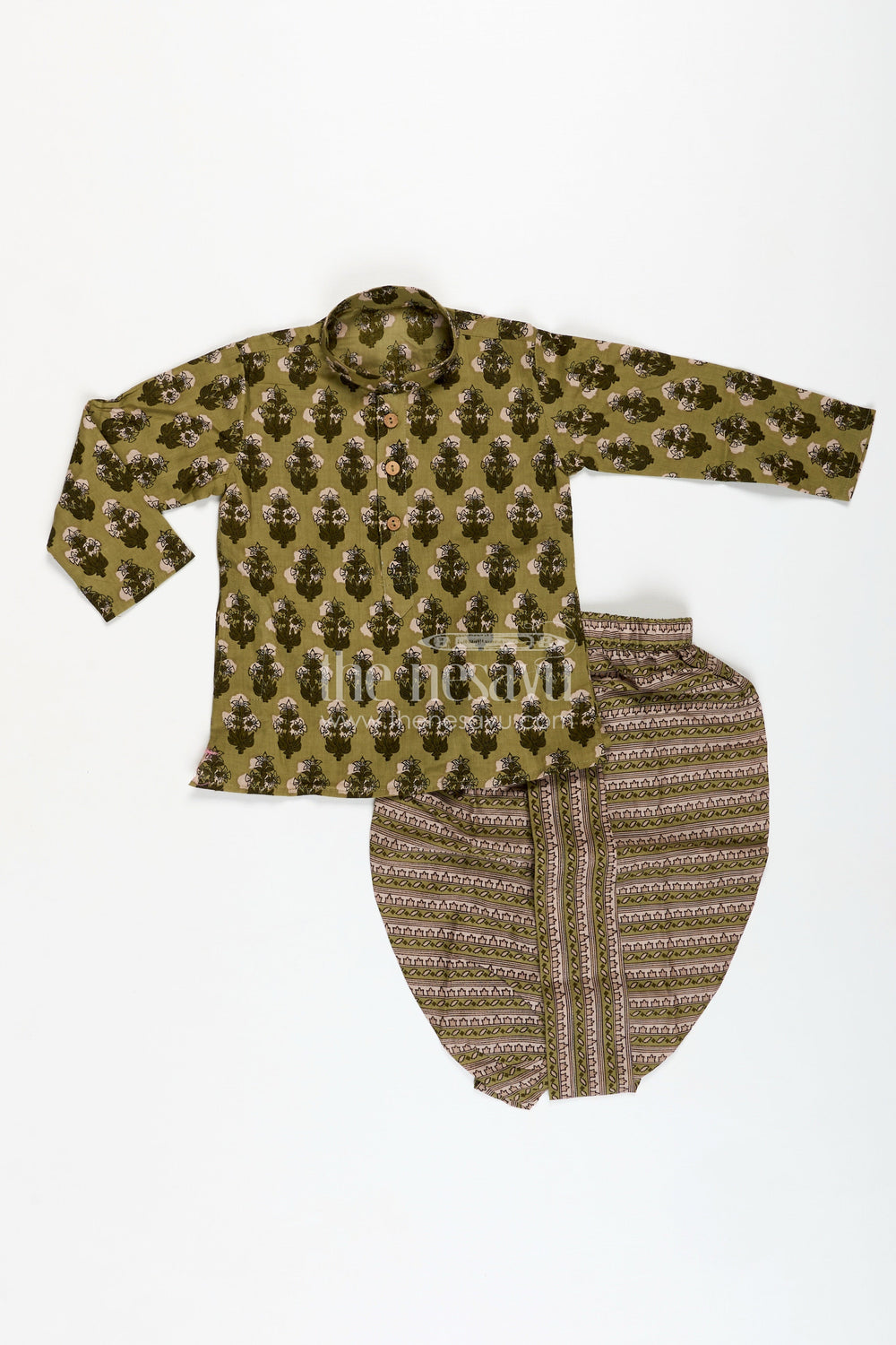 The Nesavu Boys Dothi Set Dhoti Kurta Set for Boys Cultural Celebration Outfit Nesavu 12 (3M) / Green BES720A-12 Nesavu Green Cotton Boys Dhoti Kurta Set Traditional Block Print Indian Celebrations