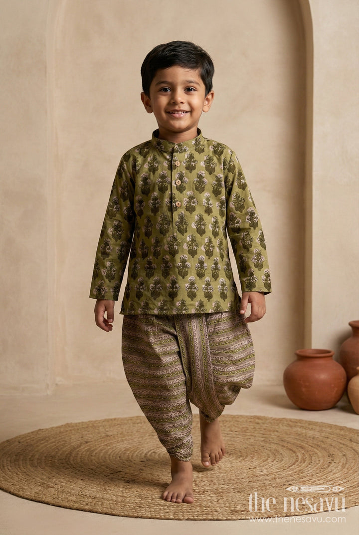 The Nesavu Boys Dothi Set Dhoti Kurta Set for Boys Cultural Celebration Outfit Nesavu 12 (3M) / Green BES720A-12 Nesavu Green Cotton Boys Dhoti Kurta Set Traditional Block Print Indian Celebrations