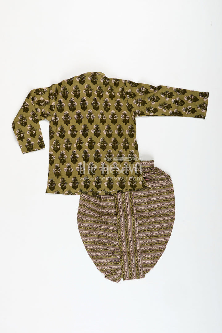 The Nesavu Boys Dothi Set Dhoti Kurta Set for Boys Cultural Celebration Outfit Nesavu Nesavu Green Cotton Boys Dhoti Kurta Set Traditional Block Print Indian Celebrations