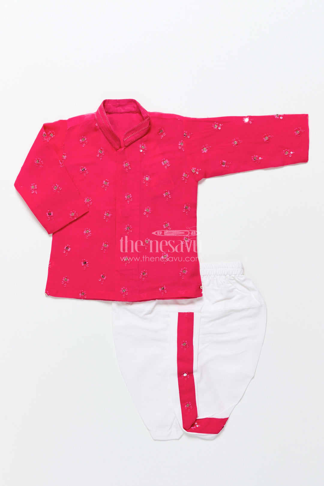 The Nesavu Boys Dothi Set Dhoti Set for Boys with Embroidered Kurta for Ethnic Occasions Nesavu 10 (NB) / Pink BES778C-10 Nesavu pink silk organza dhoti kurta set for boys with embroidery for festive and wedding wear