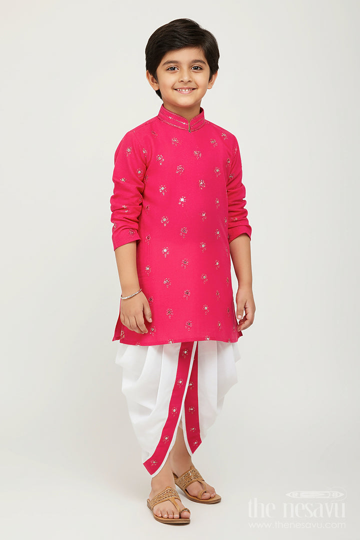 The Nesavu Boys Dothi Set Dhoti Set for Boys with Embroidered Kurta for Ethnic Occasions Nesavu 10 (NB) / Pink BES778C-10 Nesavu pink silk organza dhoti kurta set for boys with embroidery for festive and wedding wear
