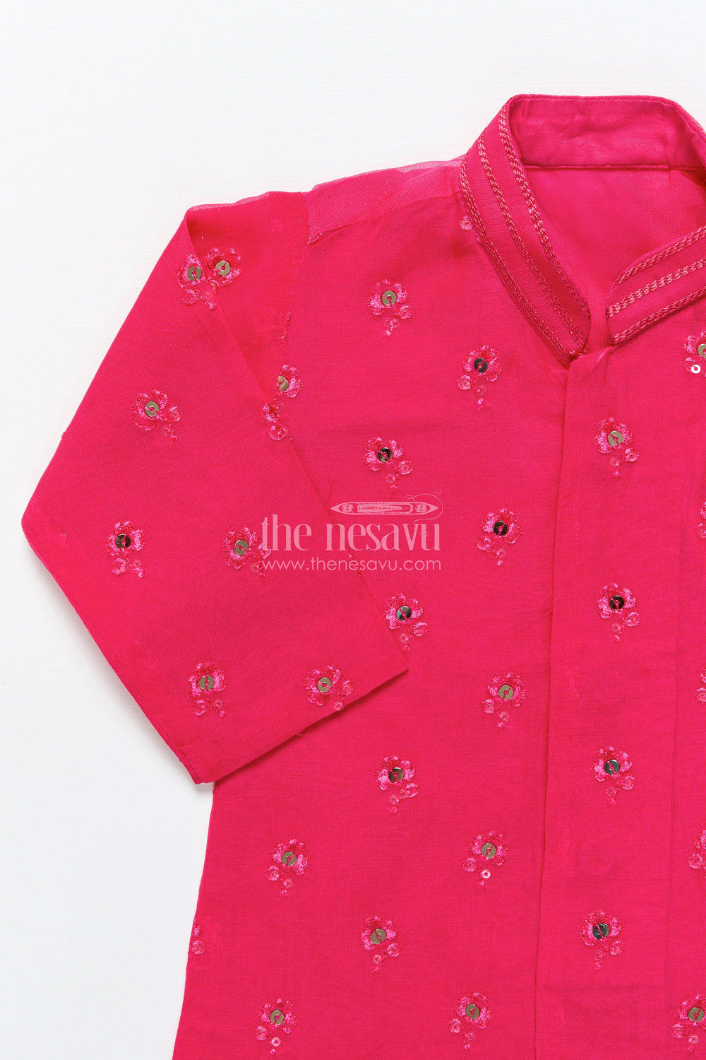 The Nesavu Boys Dothi Set Dhoti Set for Boys with Embroidered Kurta for Ethnic Occasions Nesavu Nesavu pink silk organza dhoti kurta set for boys with embroidery for festive and wedding wear