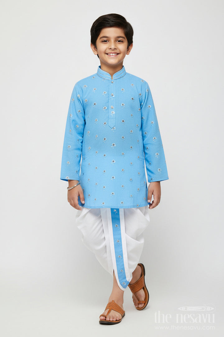 The Nesavu Boys Dothi Set Dhoti Set for Boys with Embroidered Kurta for Traditional Events Nesavu 10 (NB) / Blue BES778A-10 Nesavu boys blue silk organza dhoti kurta set with sequence embroidery for naming ceremonies