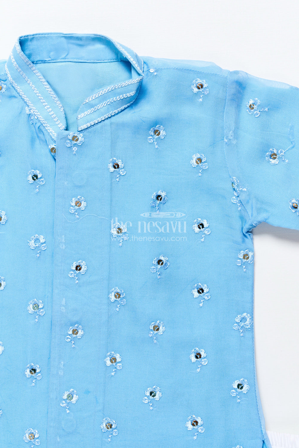 The Nesavu Boys Dothi Set Dhoti Set for Boys with Embroidered Kurta for Traditional Events Nesavu Nesavu boys blue silk organza dhoti kurta set with sequence embroidery for naming ceremonies