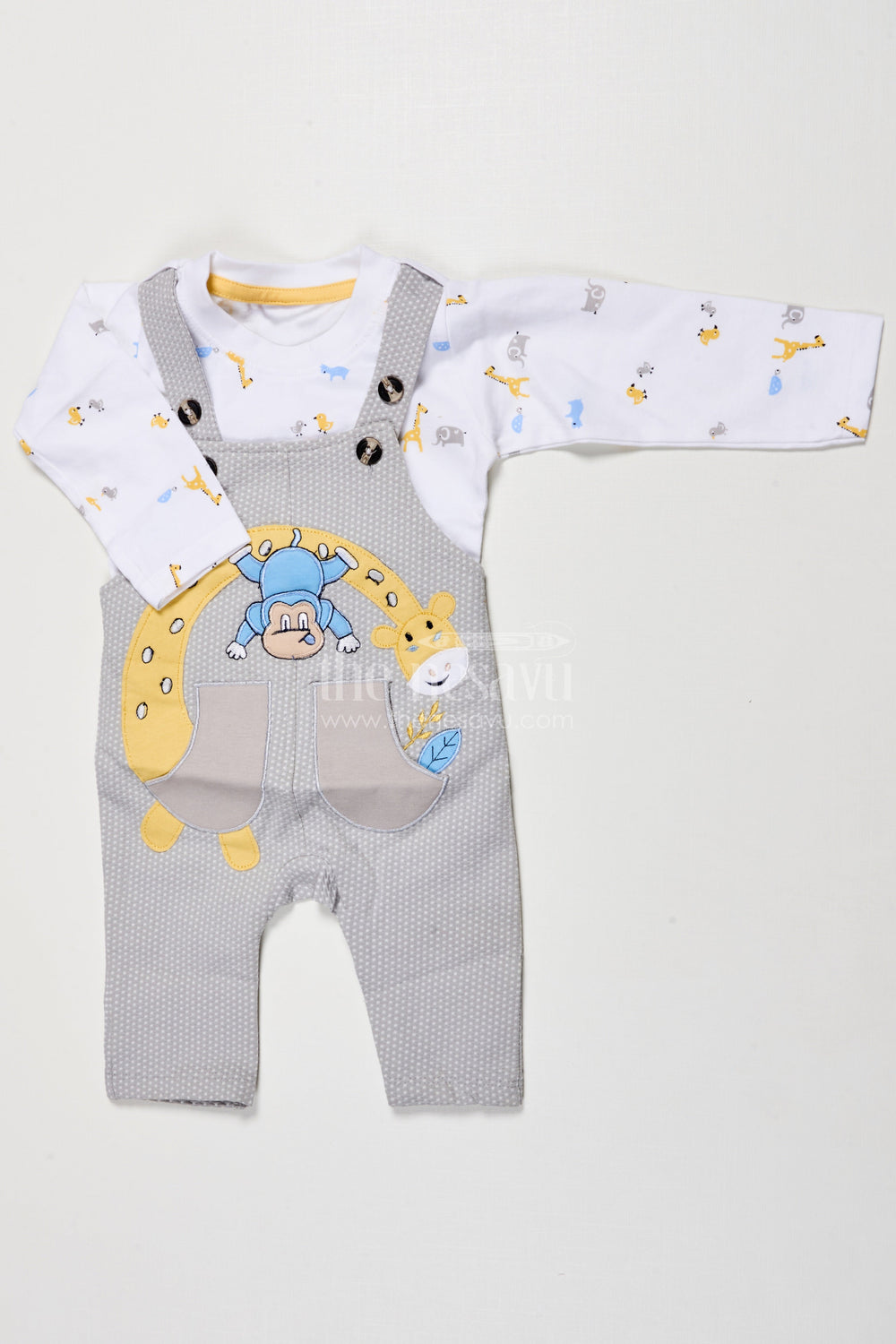 The Nesavu Baby Dungarees Digital Print Baby Dungaree Set for Cozy Wear and Travel Days Nesavu 14 (6M) / Gray BCS509A-14 Nesavu baby dungaree set digitally printed cotton travel all-day comfort