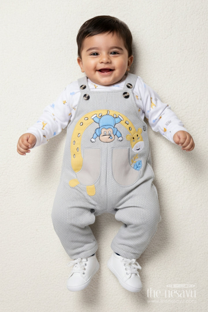 The Nesavu Baby Dungarees Digital Print Baby Dungaree Set for Cozy Wear and Travel Days Nesavu 14 (6M) / Gray BCS509A-14 Nesavu baby dungaree set digitally printed cotton travel all-day comfort