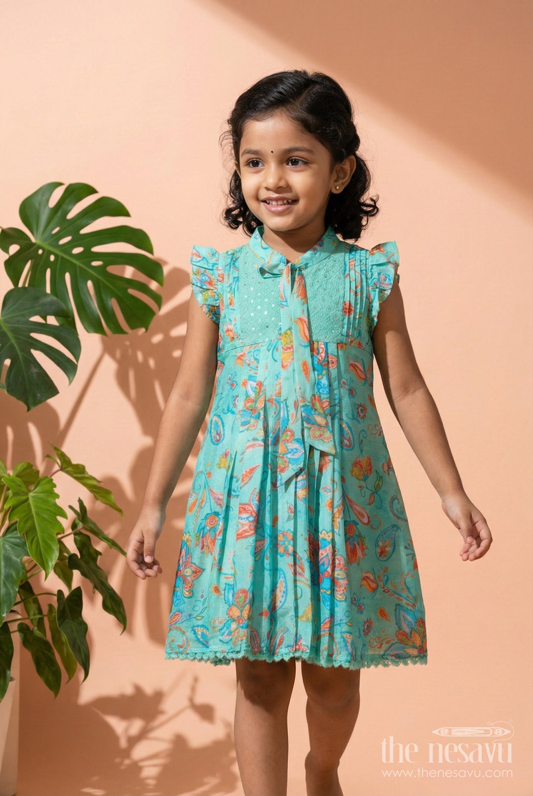 The Nesavu Girls Cotton Frock Digital Print Frock for Toddler Girls for Park Days and Everyday Comfort Nesavu 22 (4Y) / Turquoise GFC1819B-22 Nesavu digital print rayon frock toddler girls everyday wear casual comfort