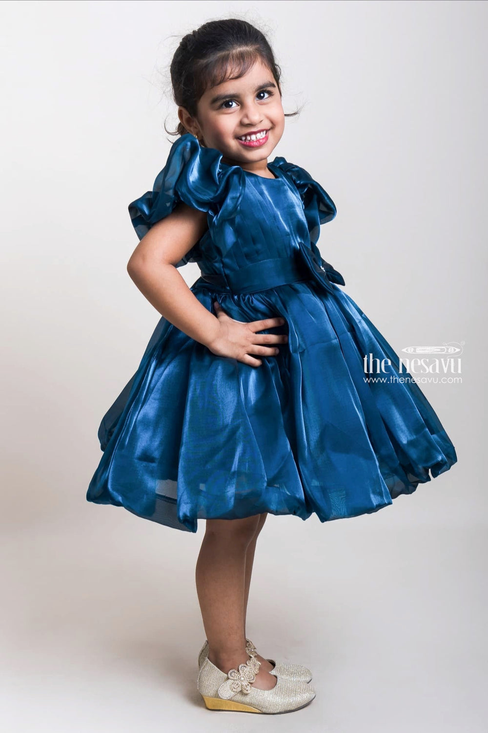 The Nesavu Girls Fancy Party Frock Divine Dark Blue Organza Party Wear Frocks For Little Girls Nesavu Latest Girls Party Wear Gowns | Buy Kids Birthday Dresses | The Nesavu