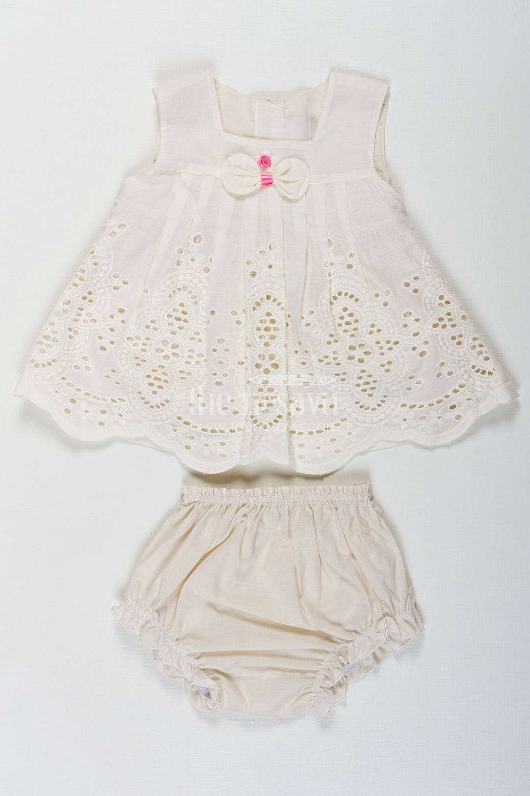 The Nesavu Baby Cotton Frocks Dress Frock Suit for Baby Girls in Cream Cotton Hakoba Embroidery with Matching Bloomers Nesavu 10 (NB) / Cream BFJ789B-10 Nesavu Dress Frock Suit Baby Girls Cream Cotton Hakoba Bow Bloomers