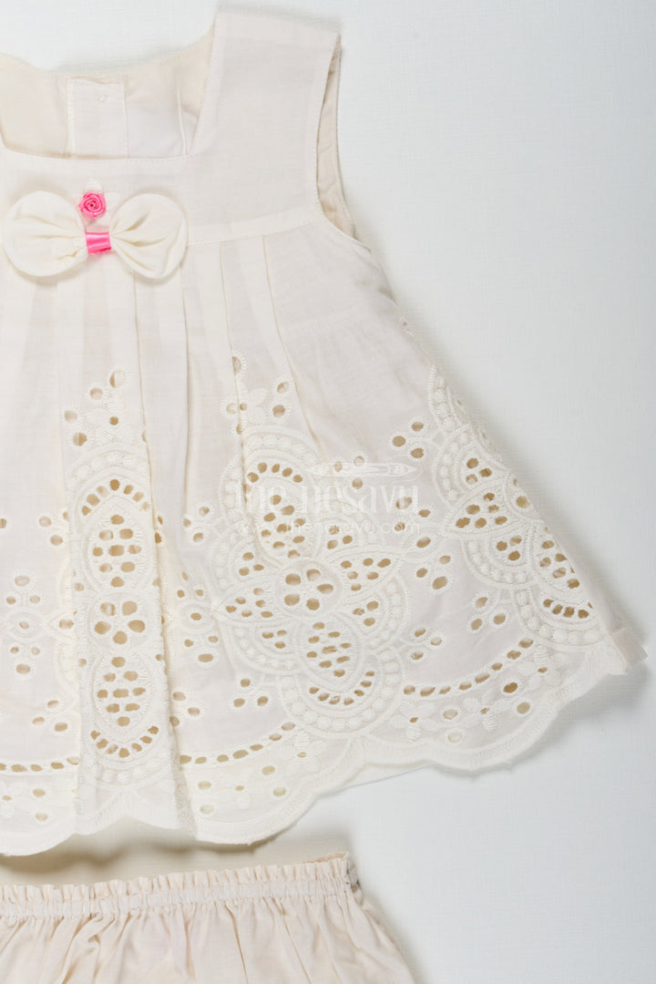 The Nesavu Baby Cotton Frocks Dress Frock Suit for Baby Girls in Cream Cotton Hakoba Embroidery with Matching Bloomers Nesavu Nesavu Dress Frock Suit Baby Girls Cream Cotton Hakoba Bow Bloomers