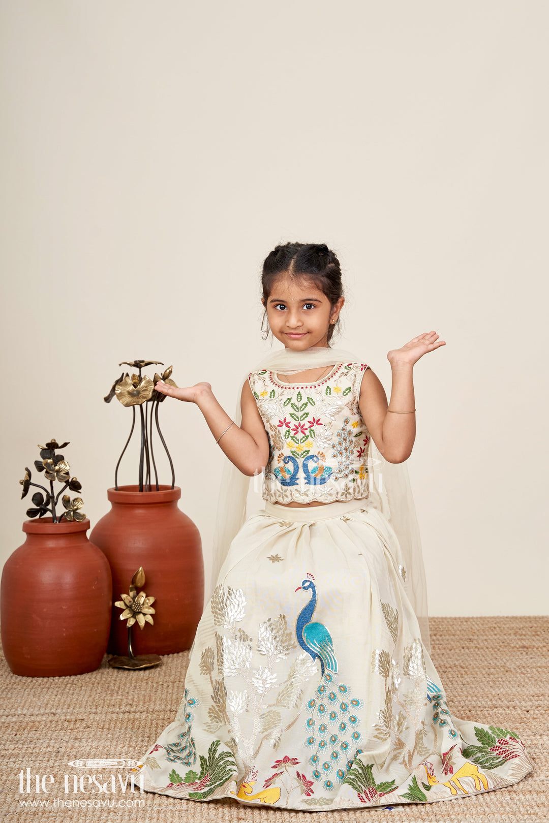 The Nesavu Girls Lehenga Choli Dress Lacha Beige Kora Silk Cotton Girls Lehenga Choli with Peacock and Deer Thread Embroidery Nesavu 24 (5Y) / Cream GL650A-24 Nesavu Dress Lacha Girls Beige Kora Silk Cotton Lehenga Choli Peacock Embroidery Dupatta