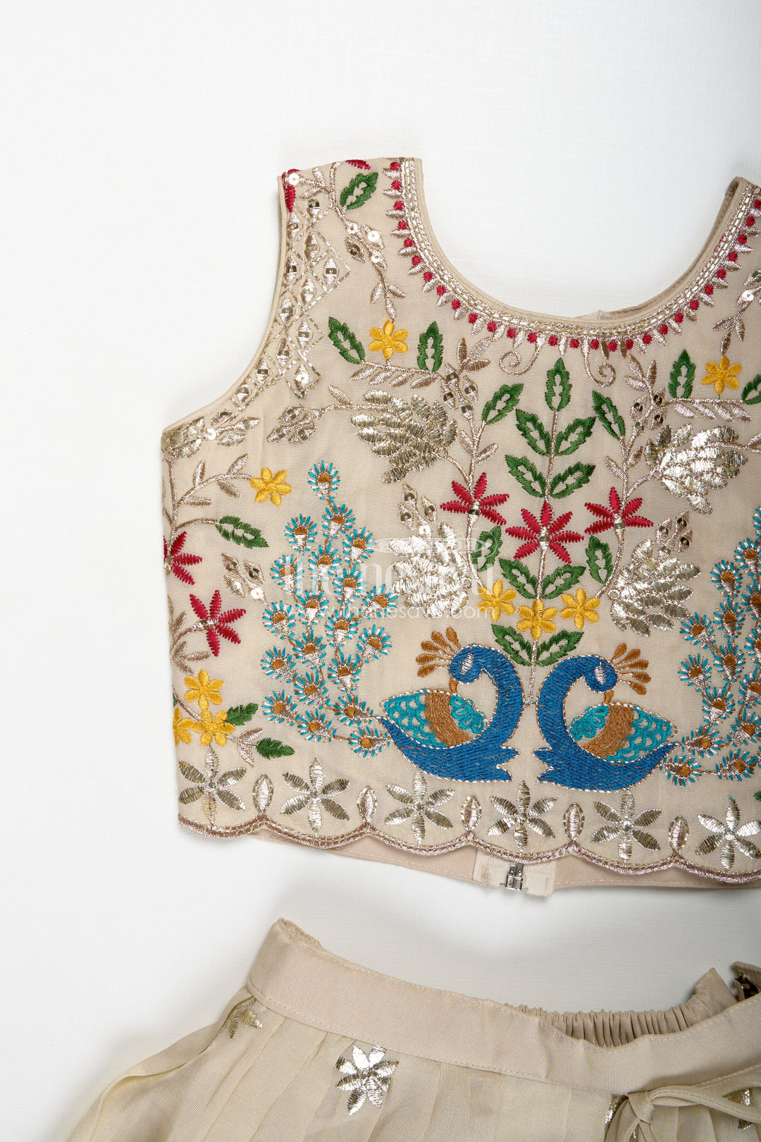 The Nesavu Girls Lehenga Choli Dress Lacha Beige Kora Silk Cotton Girls Lehenga Choli with Peacock and Deer Thread Embroidery Nesavu Nesavu Dress Lacha Girls Beige Kora Silk Cotton Lehenga Choli Peacock Embroidery Dupatta