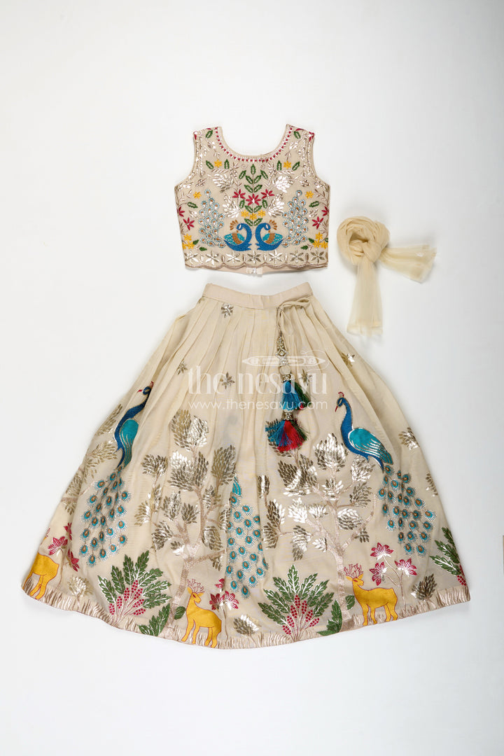 The Nesavu Girls Lehenga Choli Dress Lacha Beige Kora Silk Cotton Girls Lehenga Choli with Peacock and Deer Thread Embroidery Nesavu Nesavu Dress Lacha Girls Beige Kora Silk Cotton Lehenga Choli Peacock Embroidery Dupatta