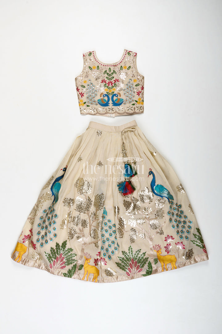 The Nesavu Girls Lehenga Choli Dress Lacha Beige Kora Silk Cotton Girls Lehenga Choli with Peacock and Deer Thread Embroidery Nesavu Nesavu Dress Lacha Girls Beige Kora Silk Cotton Lehenga Choli Peacock Embroidery Dupatta