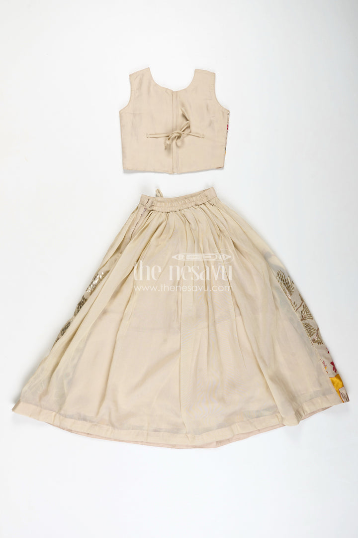 The Nesavu Girls Lehenga Choli Dress Lacha Beige Kora Silk Cotton Girls Lehenga Choli with Peacock and Deer Thread Embroidery Nesavu Nesavu Dress Lacha Girls Beige Kora Silk Cotton Lehenga Choli Peacock Embroidery Dupatta
