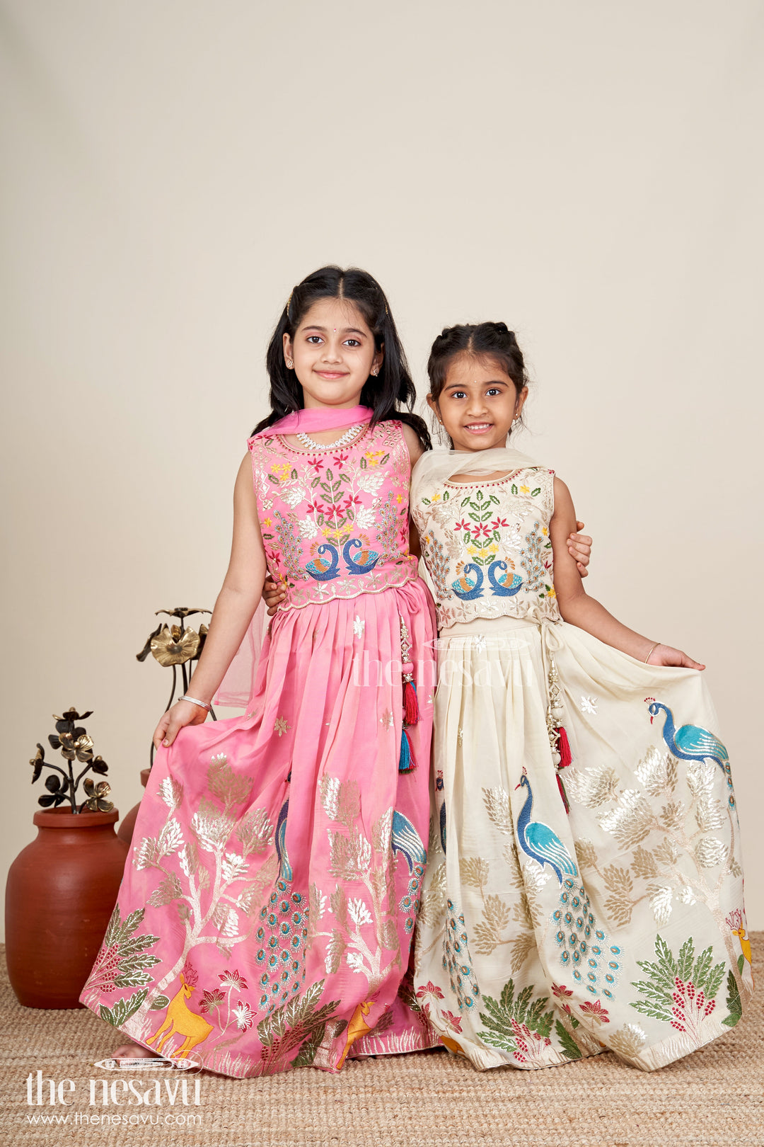 The Nesavu Girls Lehenga Choli Dress Lacha Beige Kora Silk Cotton Girls Lehenga Choli with Peacock and Deer Thread Embroidery Nesavu Nesavu Dress Lacha Girls Beige Kora Silk Cotton Lehenga Choli Peacock Embroidery Dupatta