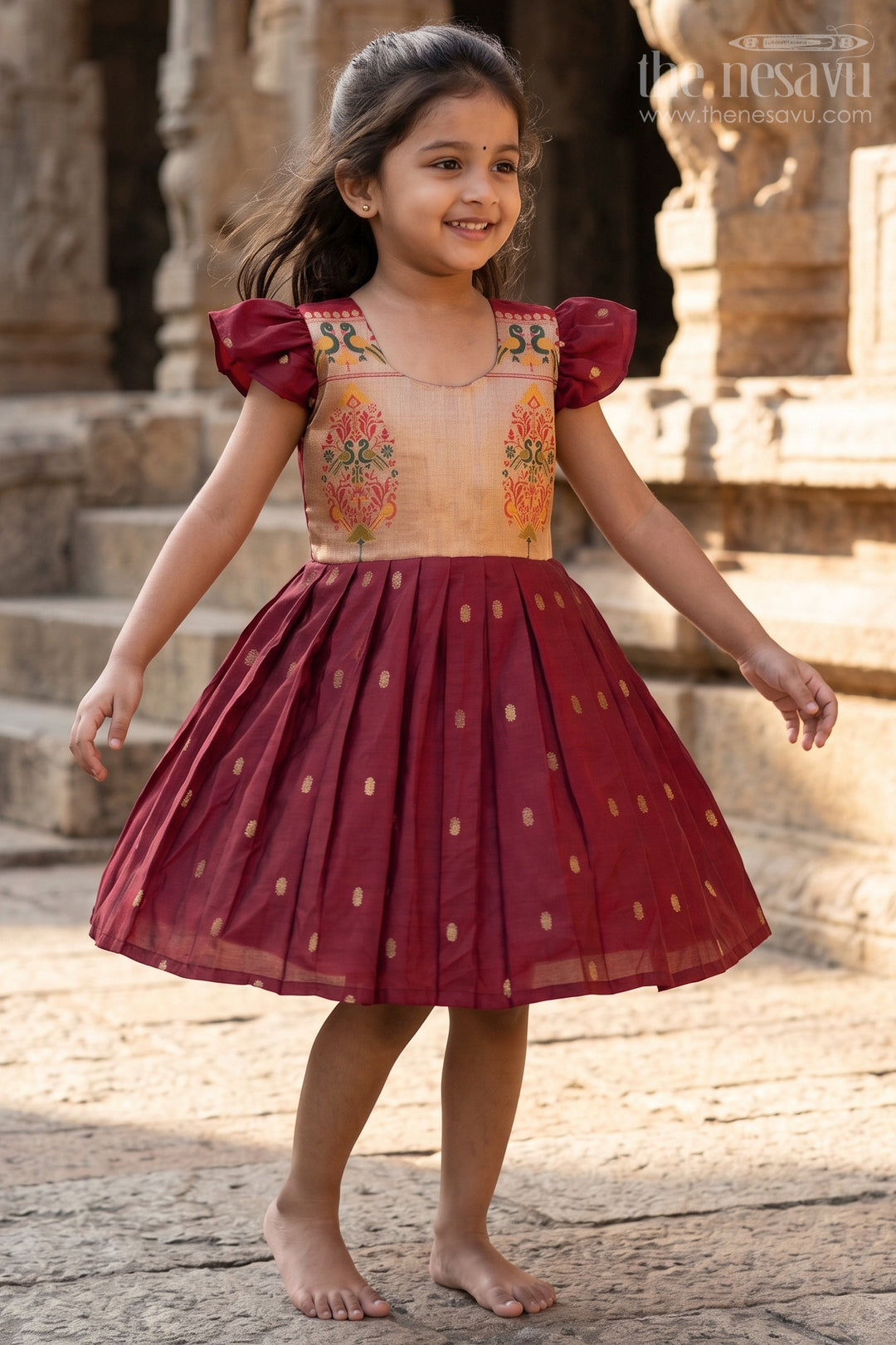 The Nesavu Silk Frock Dress Silk Frock for Girls in Rich Maroon Chanderi with Festive Paithani Embellished Yoke Nesavu 22 (4Y) / Red SF1013B-22 Nesavu Dress Silk Frock Girls Maroon Chanderi Paithani Embellished Yoke Puff Sleeves