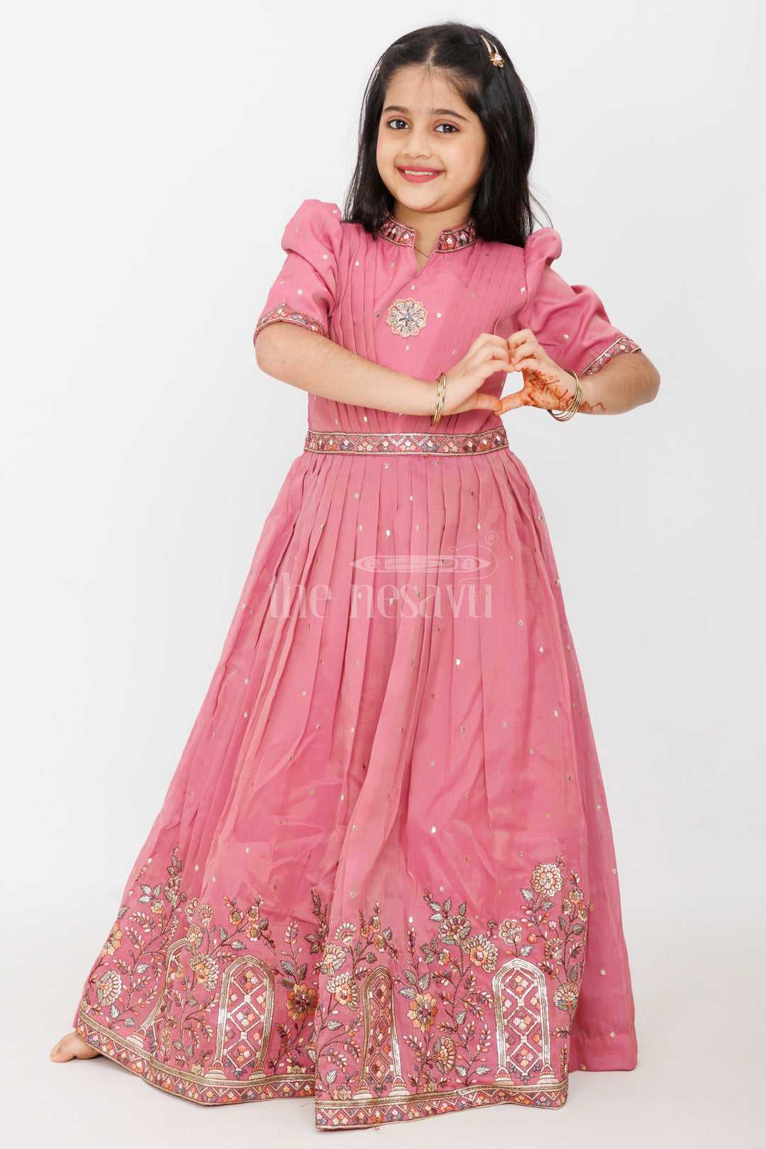 The Nesavu Girls Silk Gown Dusty Rose Girls Silk Gown with Floral Embroidery and 3/4 Sleeves for Party Wear Nesavu Nesavu Dusty Rose Girls Silk Gown 34 Sleeves Floral Embroidery Special Occasions