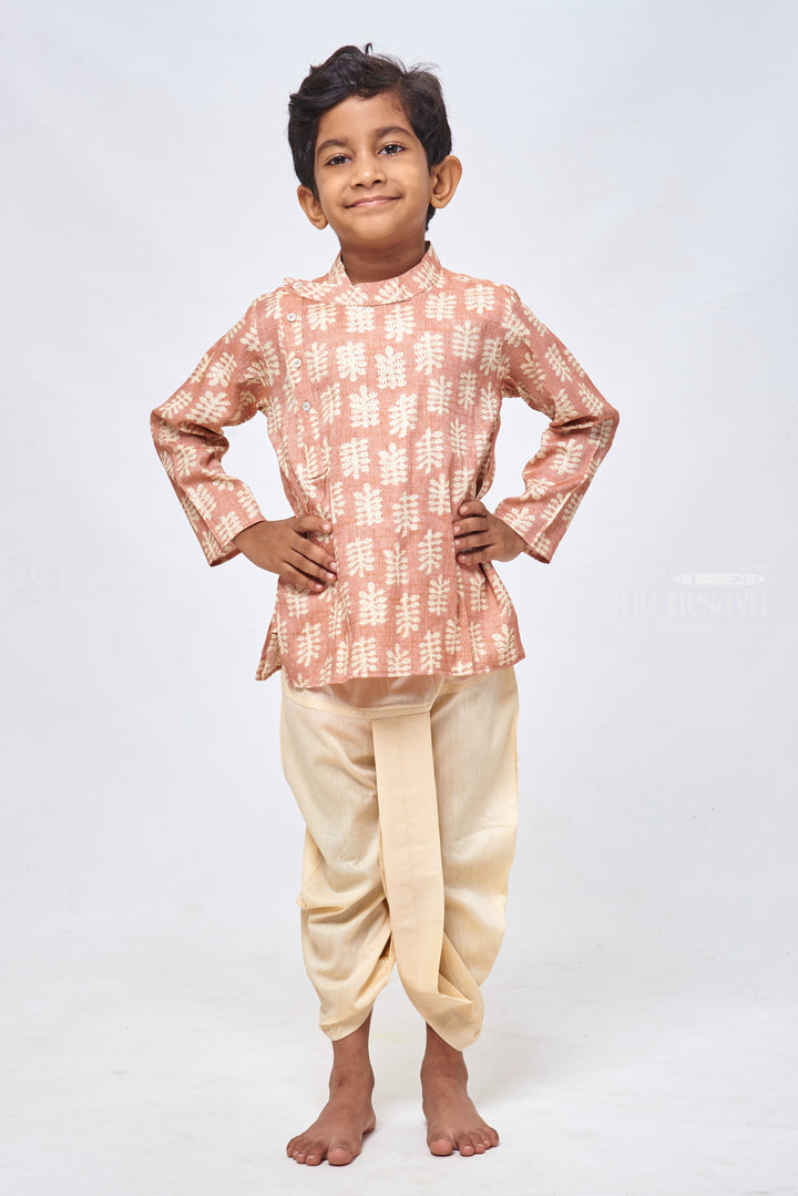 The Nesavu Boys Dothi Set Earthy Brown Bagh Print Kurta: Timeless Set with White Panchagajam for Boys Nesavu 12 (3M) / Brown / Cotton BES373A-12 Traditional Indian Boys Attire | Boys Ethnic Kurta and Panchagajam Set | the Nesavu