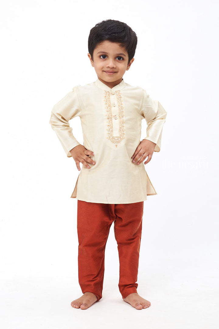 The Nesavu Boys Kurtha Set Elegance Defined: Boys Half-White Kurta with Embroidery & Maroon Pant Set Nesavu 14 (6M) / Half white / Blend Silk BES426A-14 Dapper Looks for Festive Season | Boys Kurta with Pant New Arrivals | The Nesavu