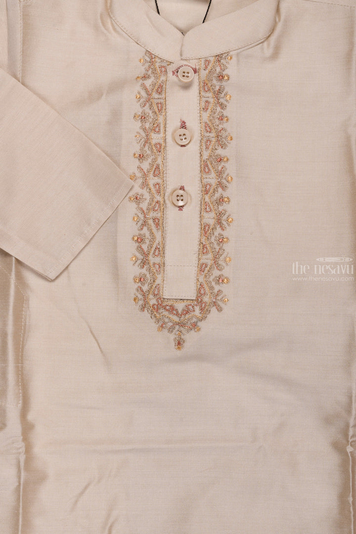 The Nesavu Boys Kurtha Set Elegance Defined: Boys Half-White Kurta with Embroidery & Maroon Pant Set Nesavu Dapper Looks for Festive Season | Boys Kurta with Pant New Arrivals | The Nesavu