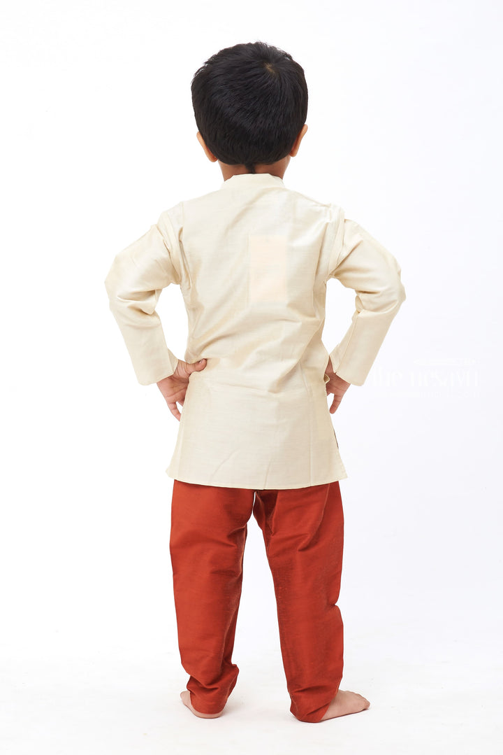 The Nesavu Boys Kurtha Set Elegance Defined: Boys Half-White Kurta with Embroidery & Maroon Pant Set Nesavu Dapper Looks for Festive Season | Boys Kurta with Pant New Arrivals | The Nesavu