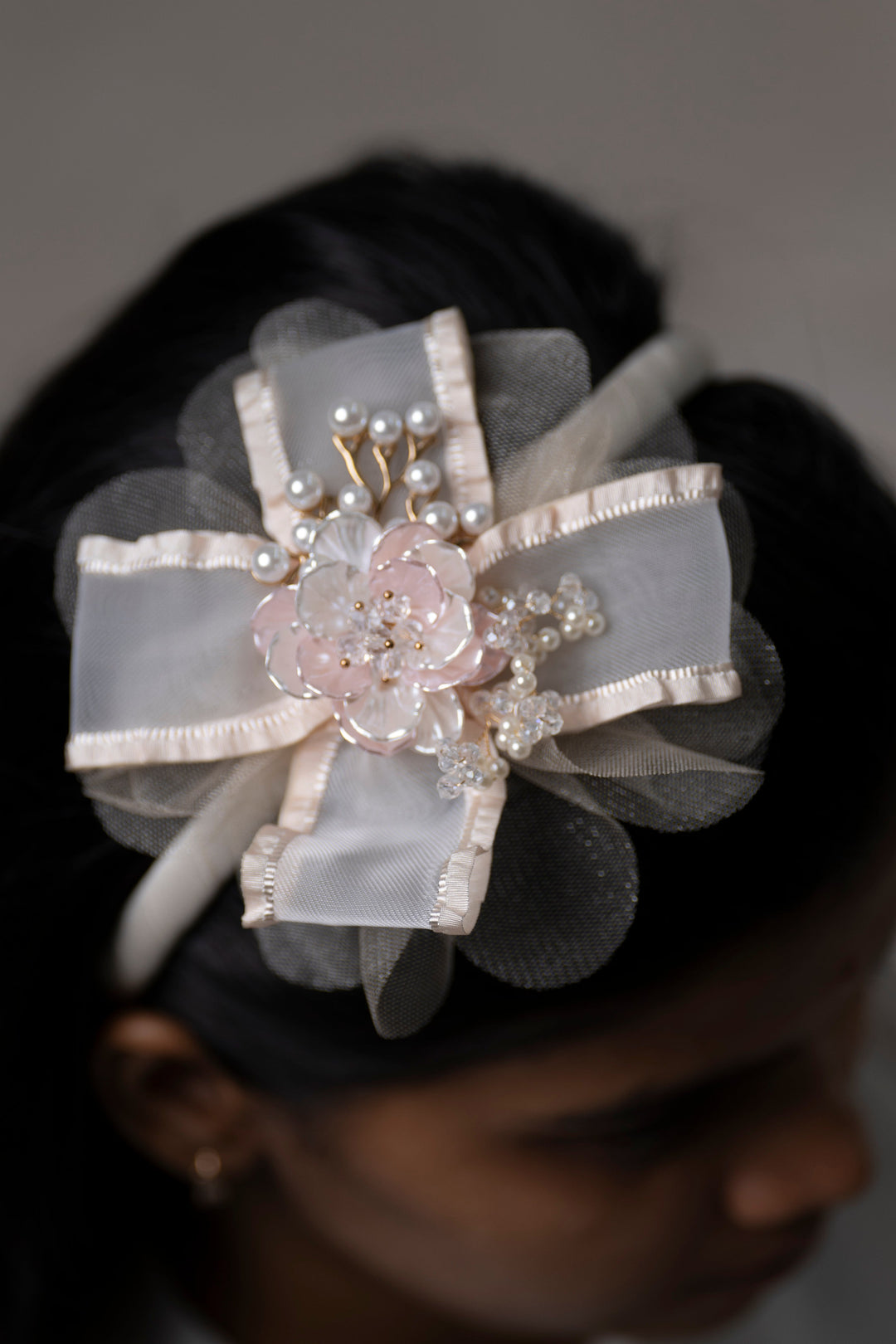 The Nesavu Hair Band Elegance Floral Hairbow with Pearl and Crystal Accents Nesavu Pink JHB77D Satin and Tulle Hairbow with Floral Pearl Design | Luxurious Hair Accessory | The Nesavu