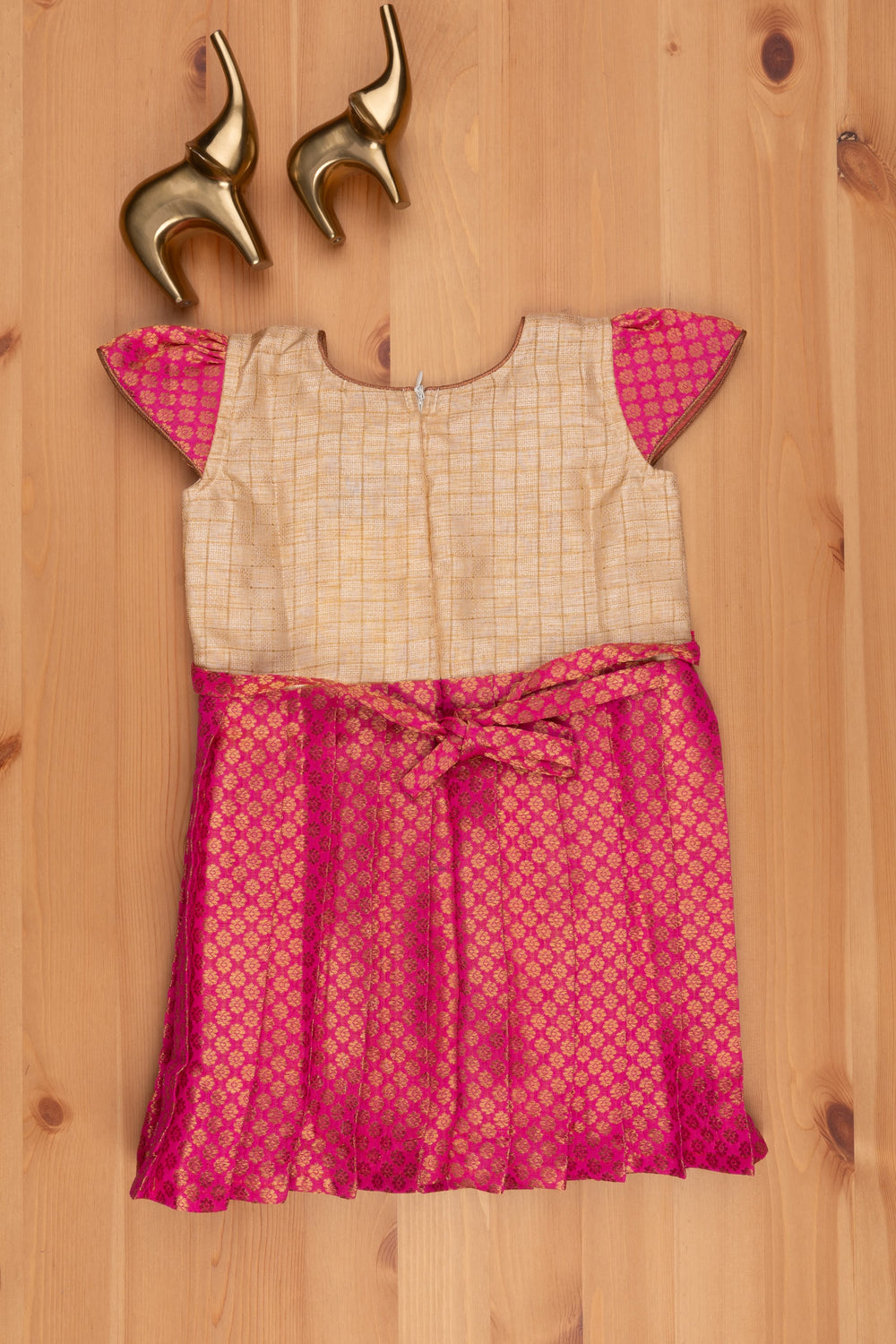 The Nesavu Silk Frock Elegance Personified Brocade Designer Reshmi Frock in Pink with Beige Checkered Pattern Yoke Nesavu Pleated Designer Pink Silk Frock | Girls elegant Silk Frock | The Nesavu