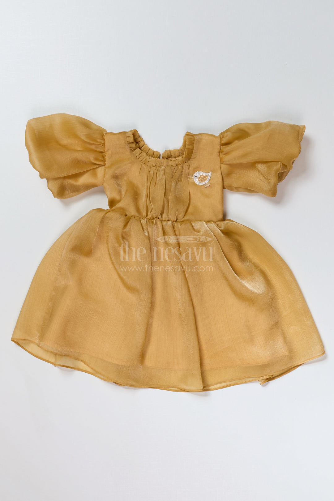 The Nesavu Girls Fancy Party Frock Elegant Birthday Party Frock for Girls in Golden Glaze Organza with Puffy Sleeves Nesavu 18 (2Y) / Yellow PF186E-18 Nesavu Birthday Party Frock Girls Golden Glaze Organza Puffy Sleeves