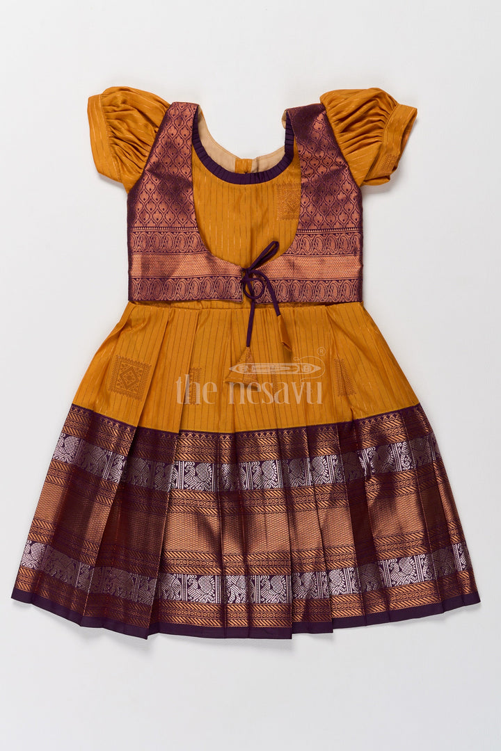 The Nesavu Girls Kanchi Silk Frock Elegant Blend Silk Pattu Frock for Girls with Traditional Zari Work and Puff Sleeves Nesavu 20 (3Y) / Mustard / Style 2 SF815AB-20 Nesavu Blend Silk Pattu Frock Girls Traditional Zari Puff Sleeves