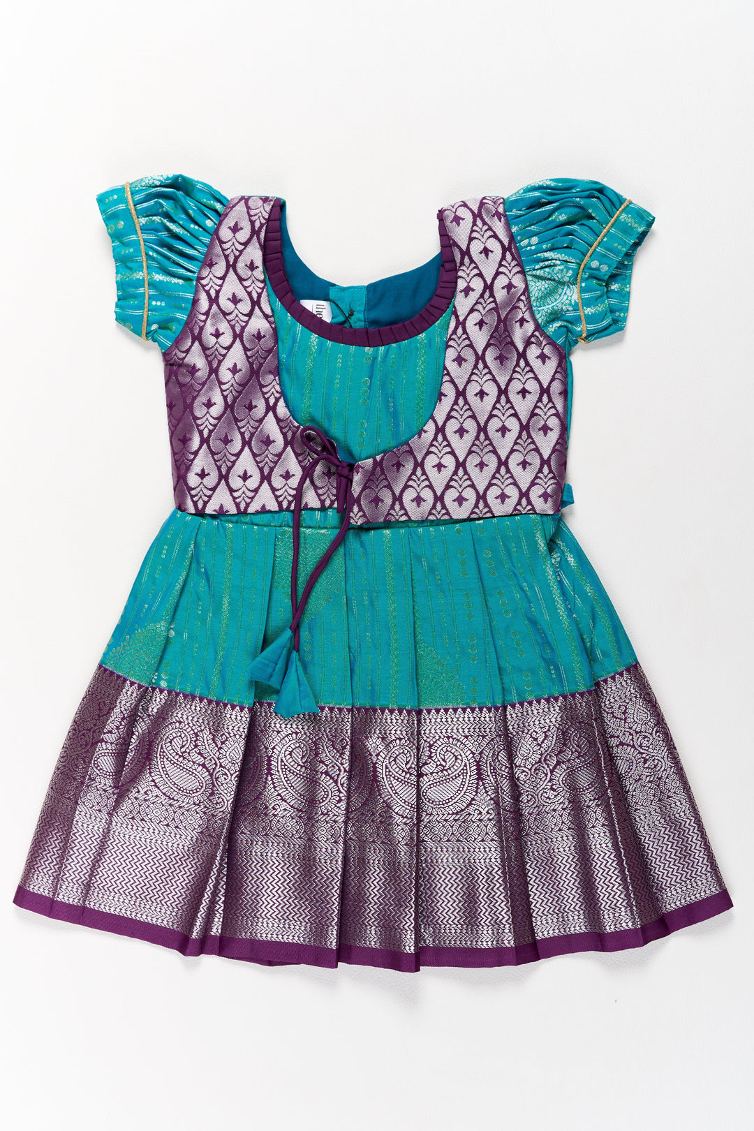 The Nesavu Girls Kanchi Silk Frock Elegant Blue and Silver Pattu Pavadai Sattai for Girls with Zari Work Nesavu 16 (1Y) / Blue / Style 1 SF851AA-16 Nesavu Elegant Blue Silver Pattu Pavadai Sattai Girls Zari Work