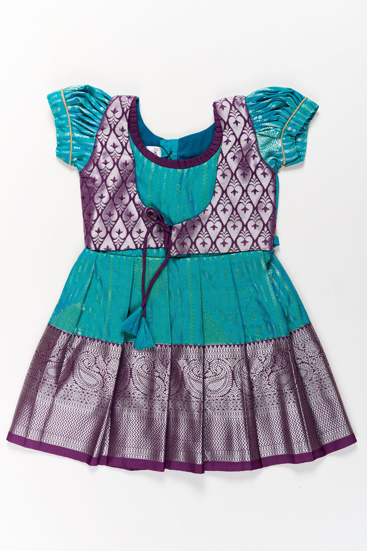 The Nesavu Girls Kanchi Silk Frock Elegant Blue and Silver Pattu Pavadai Sattai for Girls with Zari Work Nesavu 16 (1Y) / Blue / Style 1 SF851AA-16 Nesavu Elegant Blue Silver Pattu Pavadai Sattai Girls Zari Work