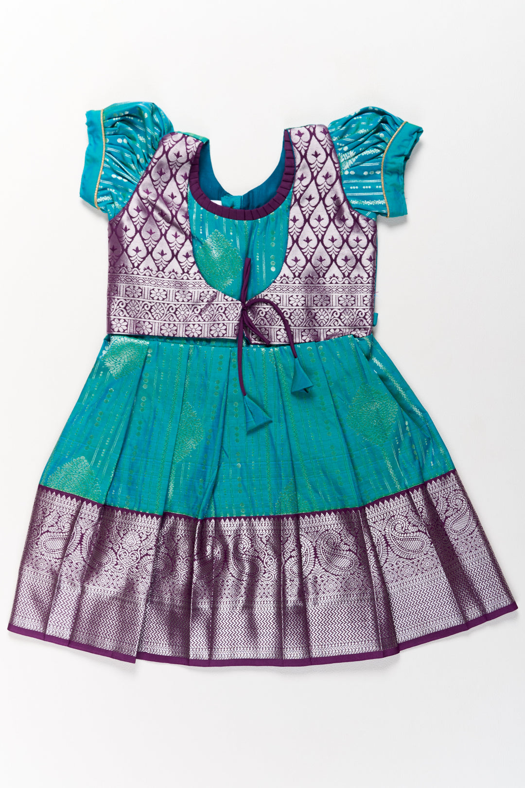 The Nesavu Girls Kanchi Silk Frock Elegant Blue and Silver Pattu Pavadai Sattai for Girls with Zari Work Nesavu 20 (3Y) / Blue / Style 2 SF851AB-20 Nesavu Elegant Blue Silver Pattu Pavadai Sattai Girls Zari Work