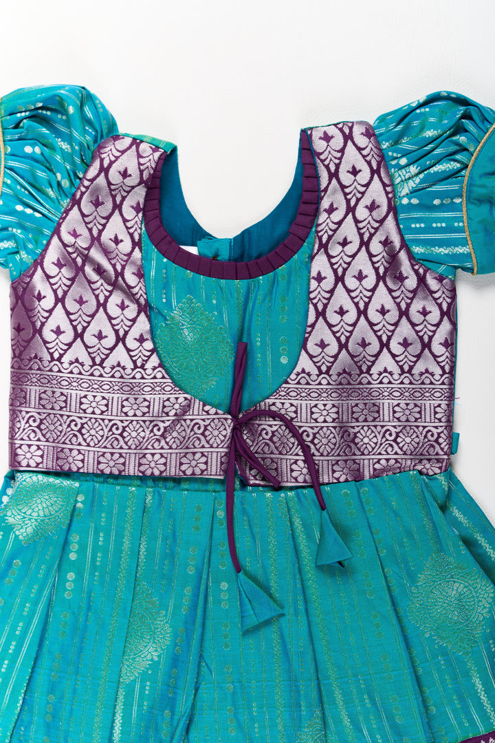 The Nesavu Girls Kanchi Silk Frock Elegant Blue and Silver Pattu Pavadai Sattai for Girls with Zari Work Nesavu Elegant Blue Silver Pattu Pavadai Sattai Girls Zari Work | The Nesavu