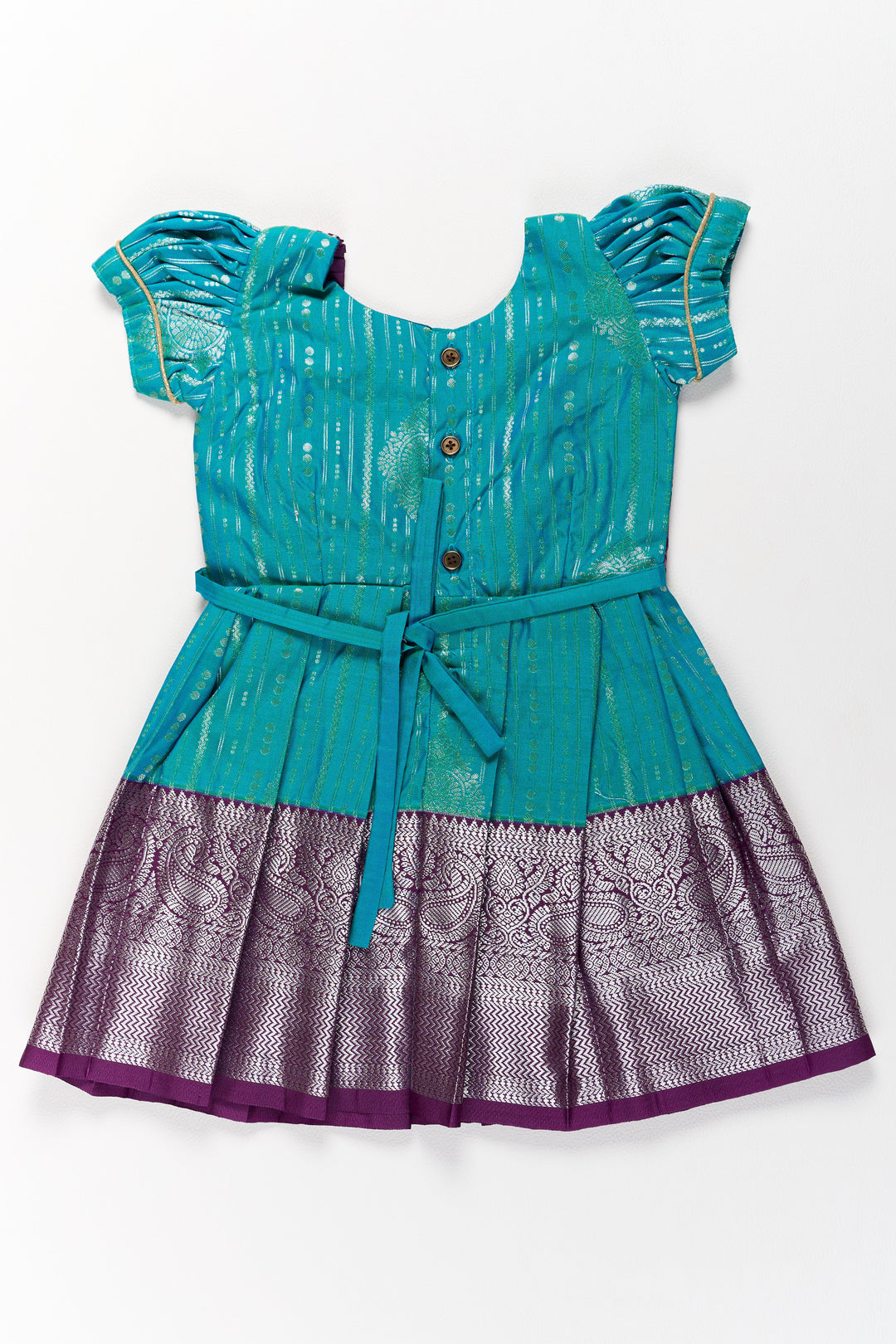 The Nesavu Girls Kanchi Silk Frock Elegant Blue and Silver Pattu Pavadai Sattai for Girls with Zari Work Nesavu Nesavu Elegant Blue Silver Pattu Pavadai Sattai Girls Zari Work